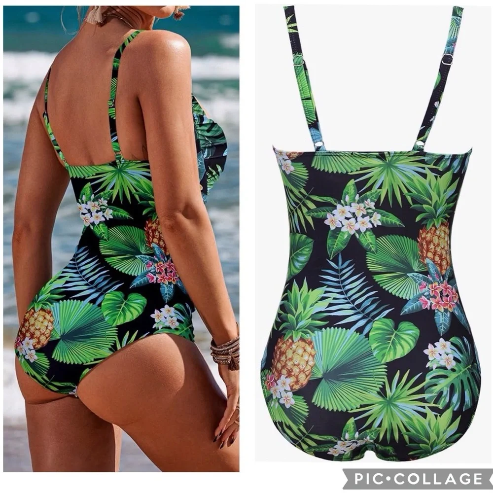 Ekouaer ‘Pat5 Black/Green Leaves’ One-Piece Ruched Retro Swimsuit